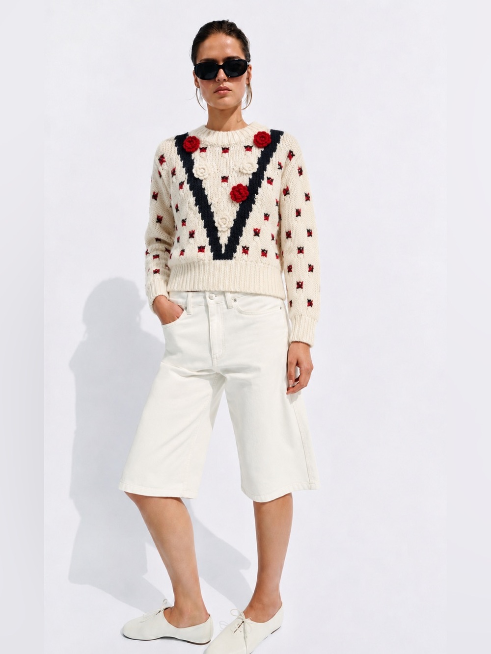 Zara Cream Knit 3D Sweater with Black V and Red Rose Accents